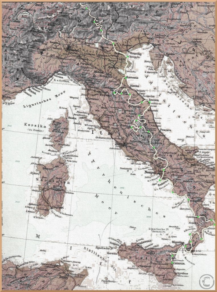 Italien-Relief-Karte mit Routenverlauf und Etappenstops