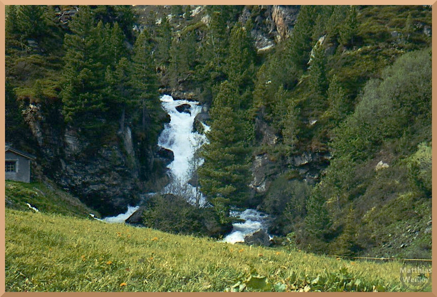 breiter Wasserfall am Flüelapass im frischen Sommergrün