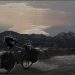 stilisiertes Bild Sveti Jure, Biokovo, Abendrot über Meer, Fahrrad unscharf im Vordergrund, teils entfärbt