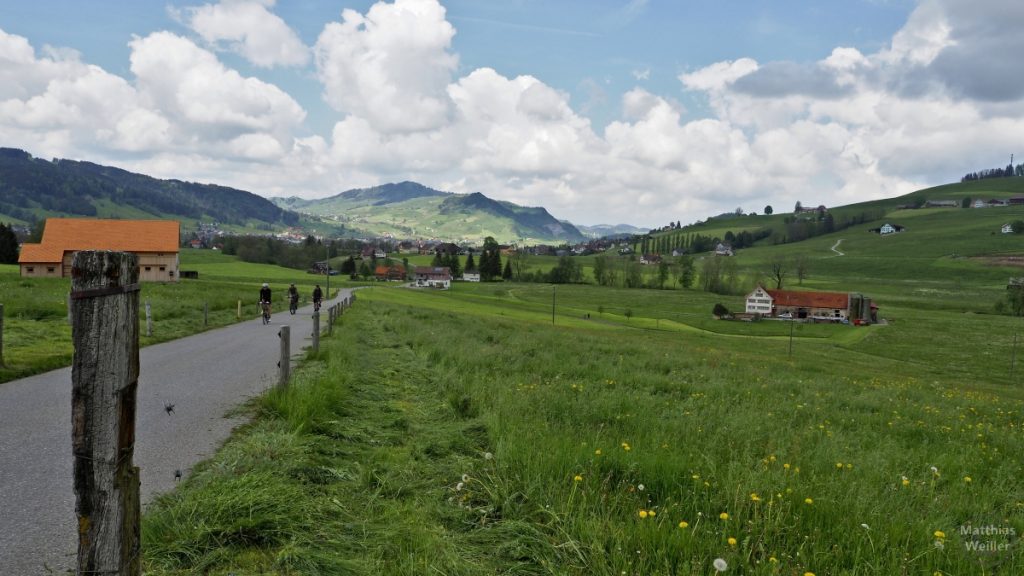Panorama Radroute runter nach Appenzell, grüne Berglandschaft mit Höfen