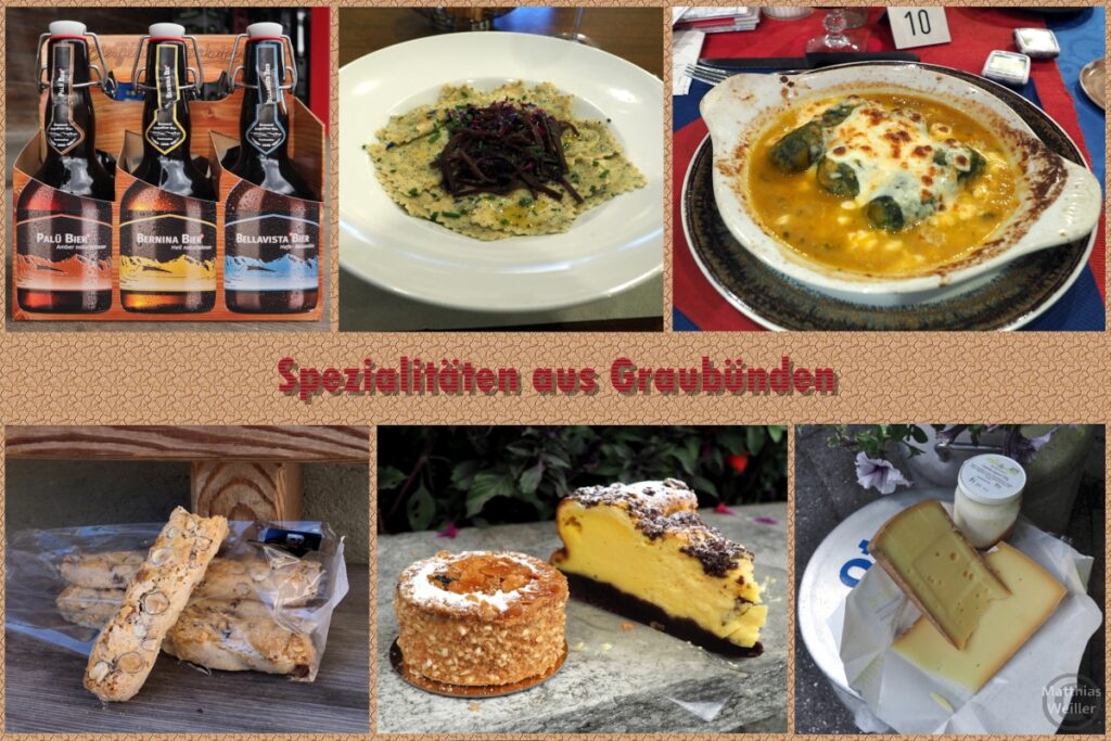 Spezialitäten aus Graubünden (Biere, Ravioli mit Rauchfleisch, Capuns, Nusstengeli, Engadinger Minitorte, Käse & Joghurt aus Davos/Klosters)