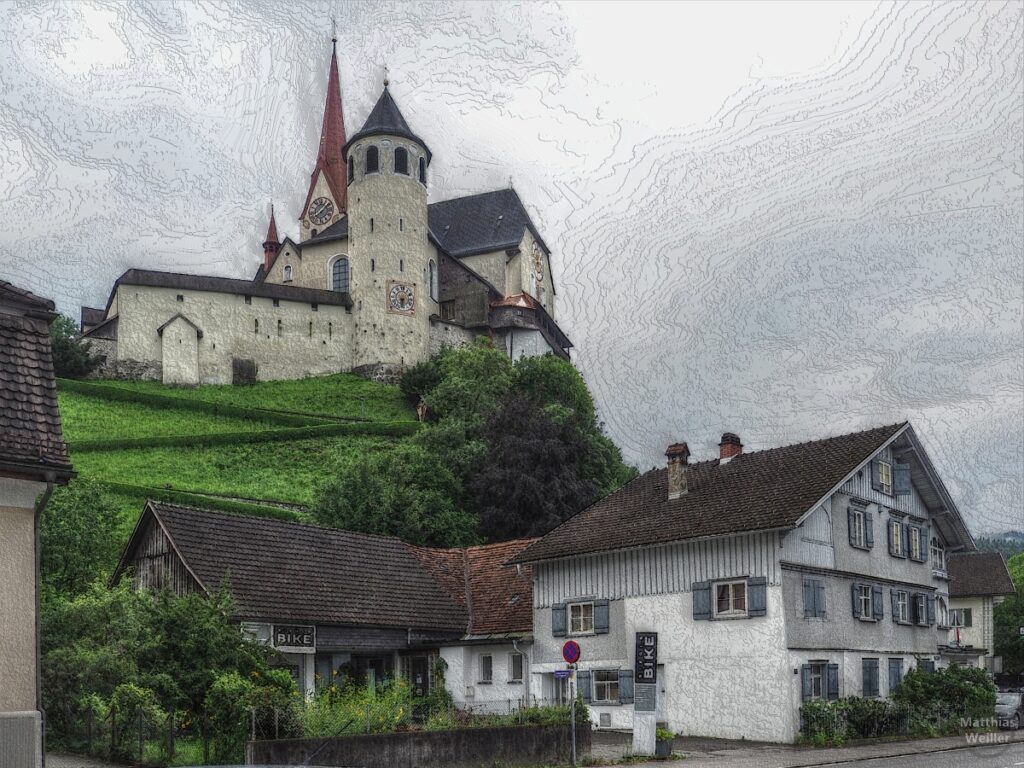 Stilisirtes Foto von Burg/Kirche auf Hügel in Rankweil