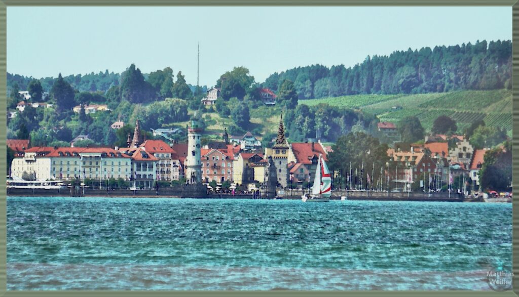 Stilisiertes Malfoto von Lindau mit See im Vordergrund