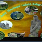 Collage von Symbolbildern der Reise, Baisbild mit Regenbogen, Neandertaler, 9 ovale Bildausschnitte, Titel "Zollernalb - Eyachtal - Heuberg - Oberes Donautal - Laucherttal - Reutlinger Alb"