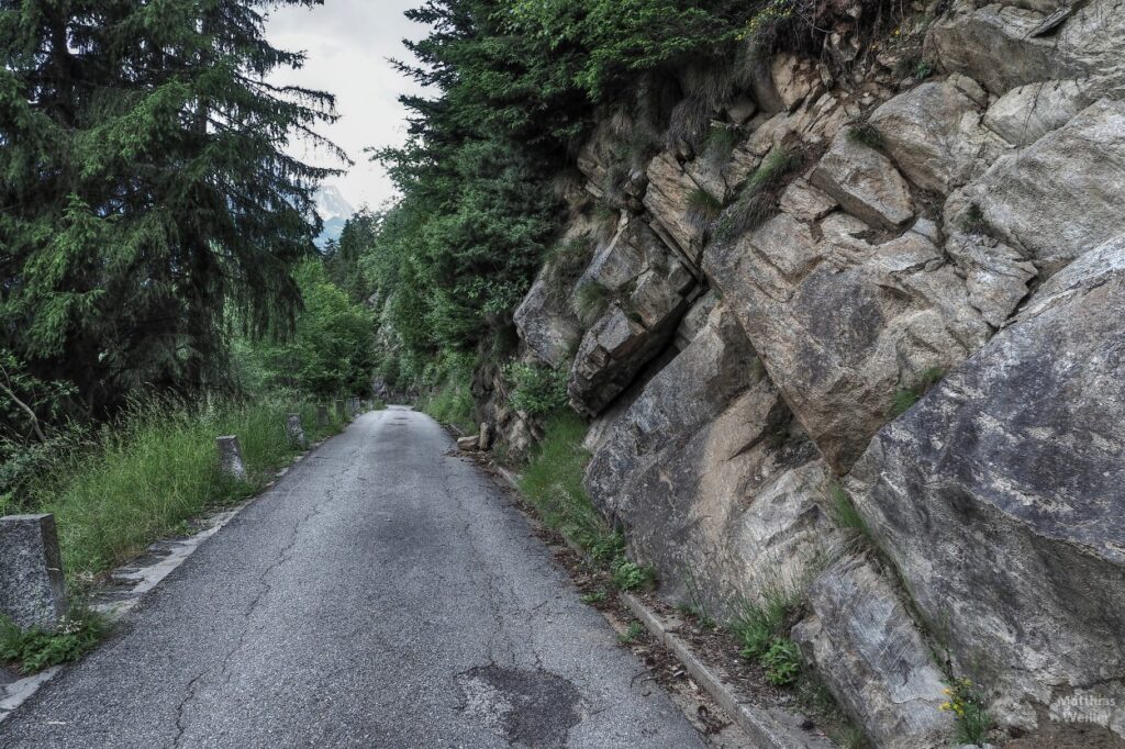Straße mit Felsenund Bergwald