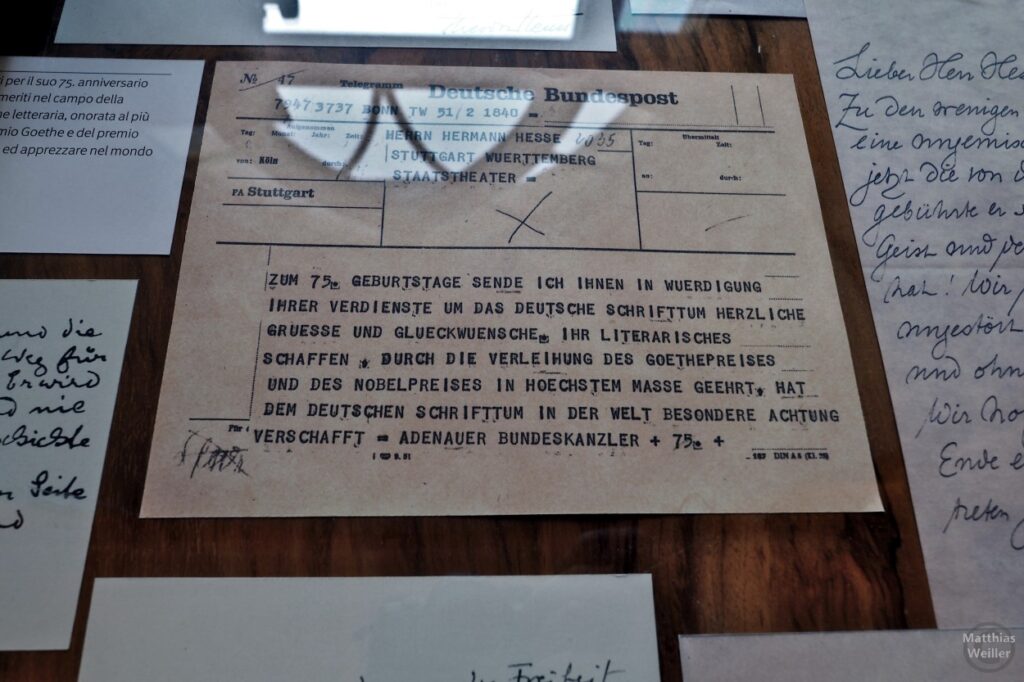 Museum Hermann Hesse: Telegramm des Bundeskanzlers Adenauer zum 75. Geburtstag