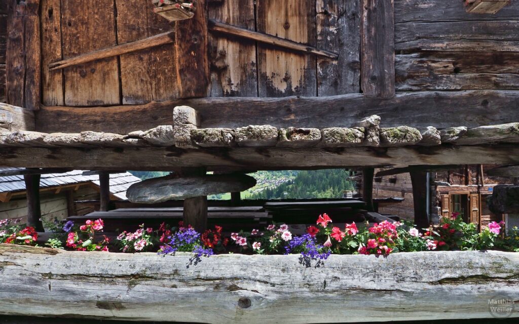 Hauspfahl mit Steinplatte, mit Blumen