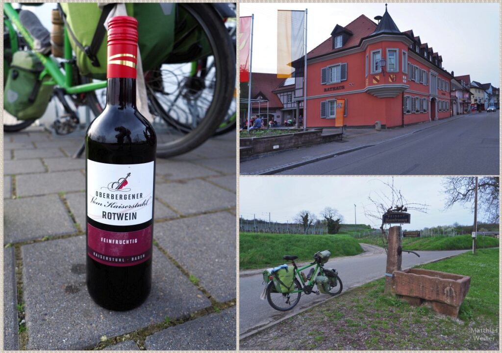 Dreifachbild mit Rathaus Ihringen, Weinrbunen mit Reiserad und Flasche "Oberbergener Rotwein"