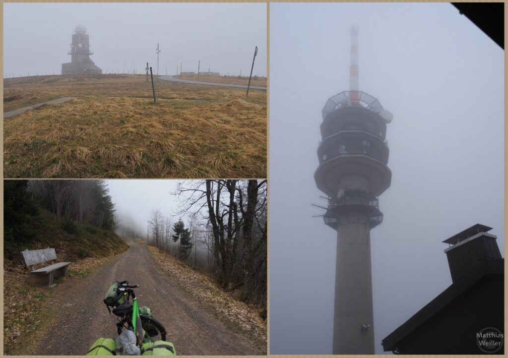 Dreiteiliges Bild mit Anfahrt, Feldbergsendeturm und Feldbergturm bei Wolkennebel