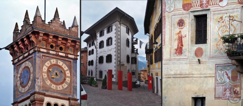 3er Collage Cavalese: Turmspitze, bemalte Fassade, Eckhaus