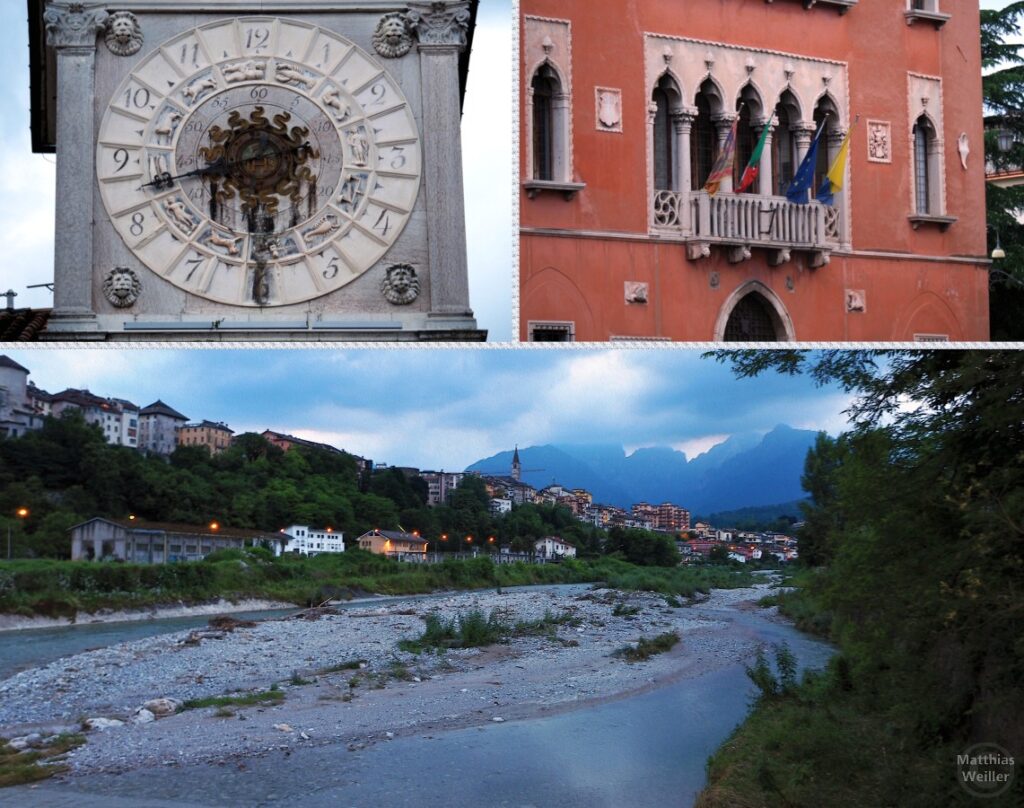 3er-Collage Belluno mit Totale am Fluss, Dogenbalkon mit Flaggen und Tierkreiszeichenuhr