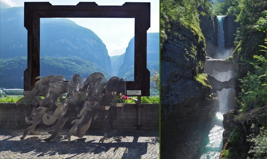 Doppelbild Skulptur zur Stuadammkatastrophe in Longarone und Schlucht der ehemaligen Flutwelle