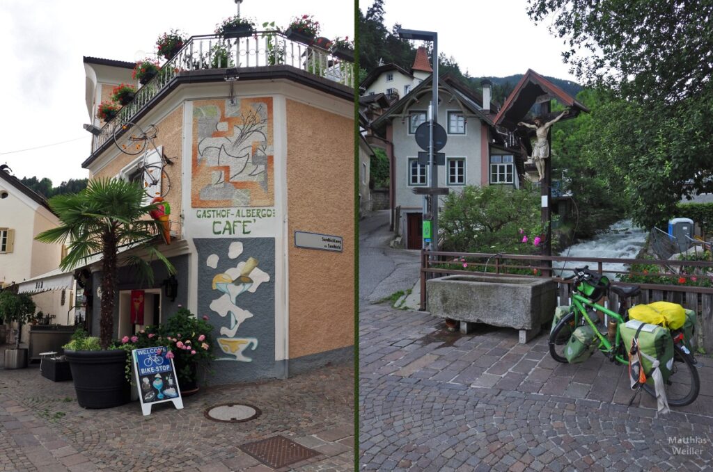 Doppelbild aus Mühlbach: Gasthof mit Velodeko; Ortsbild am Bergbach mit Brunnen