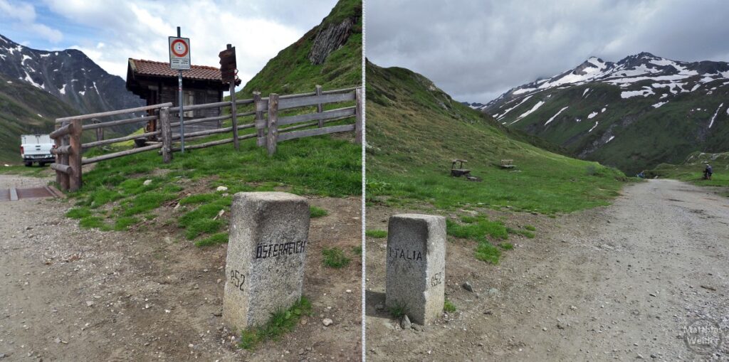 Doppelbild Grenzsteine Österreich/Italien am Klammljoch