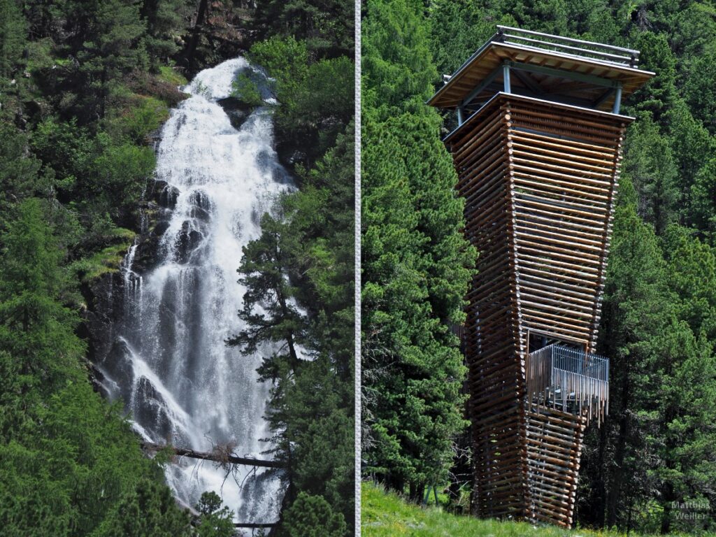 Dopppelbild Wasserfall und Aussichtstrum, umgekehrt spitz/ aus Holz