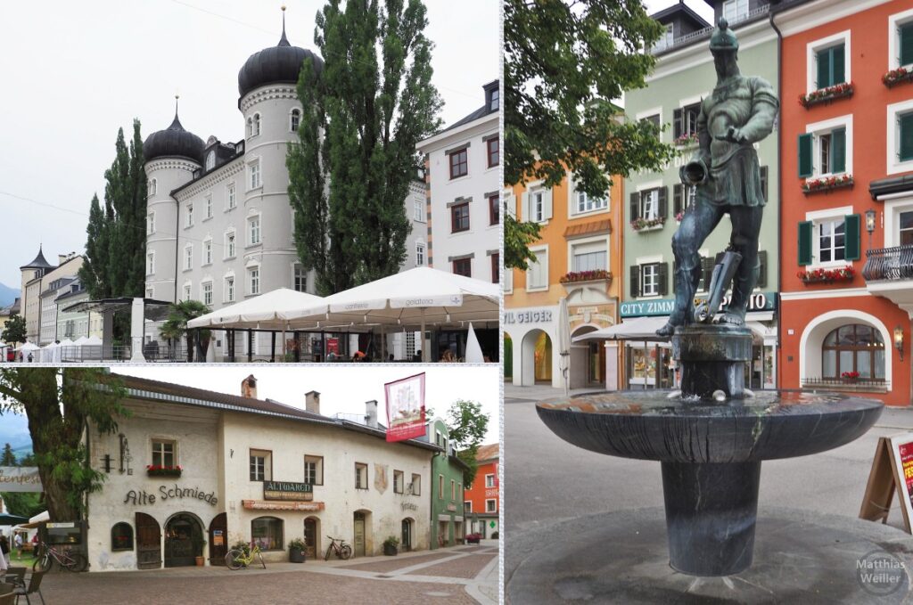 3er-Collage mit Schloss, Brunnen und alter Schmiede aus Lienz