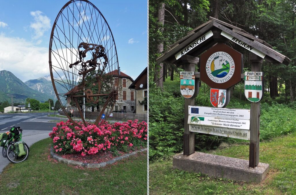 Doppelbild Radskulptur in Oberdrauburg und Grußschildtafel mit Dach "Karnische Region - Via Julia Augusta"