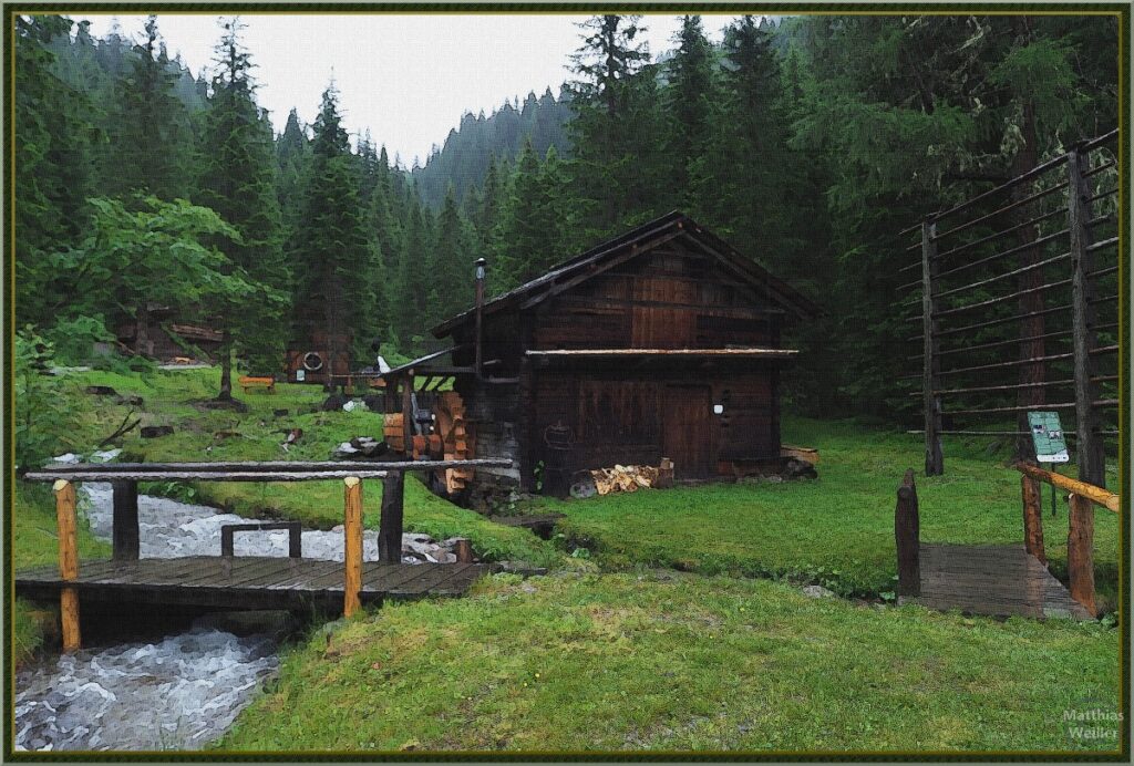 Freilichtmuseum Innervillgraten mit Bergbach und Mühle, vermalte Bildbearbeitung