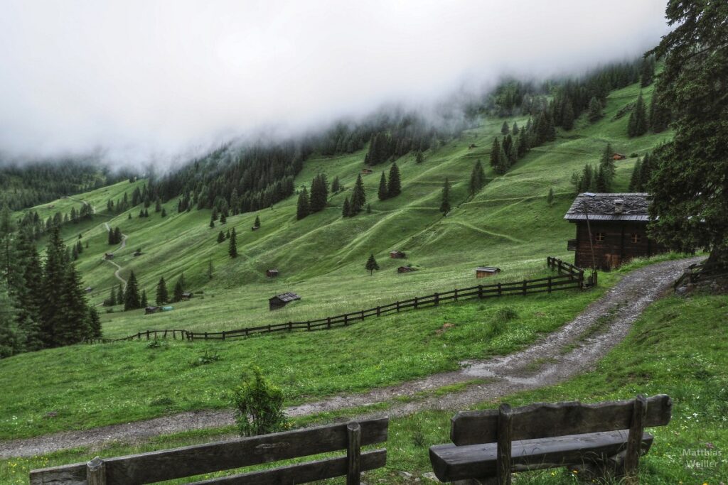 Grüne Almwissen mit Weidehütten unter Wolkendecke