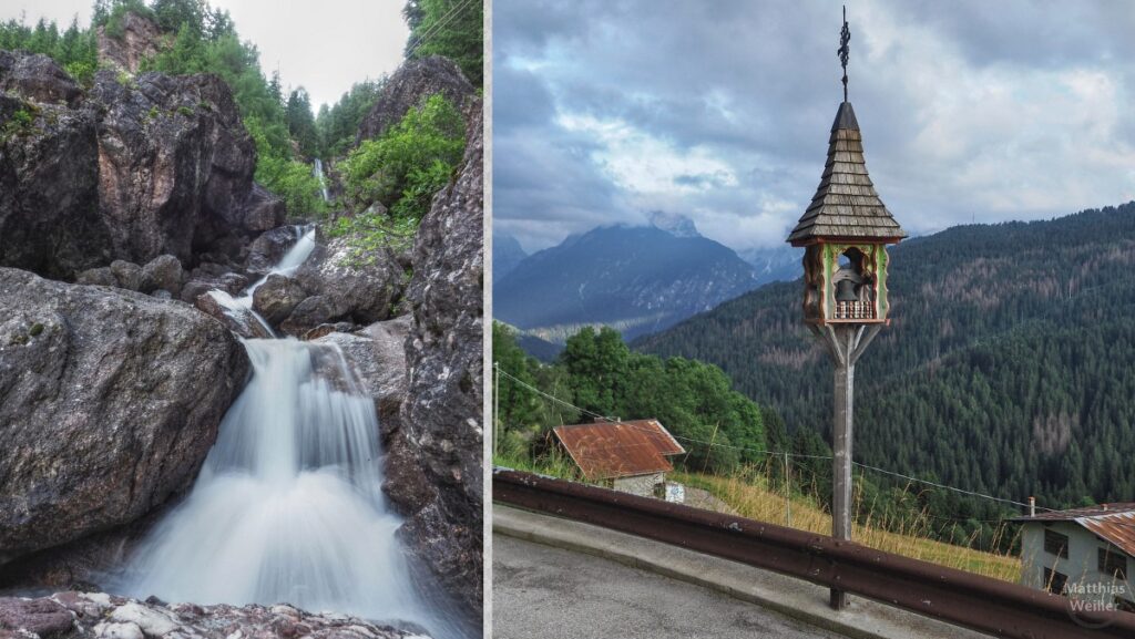 Doppelbild Cascata del Pissandolo, Bildstockglocke mit Gebetsbändchen