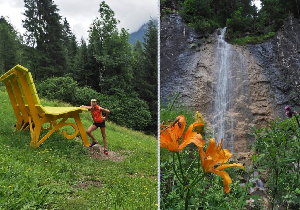 Doppebild Selsbtporträt an gelber Riesenbank, Wasserfall mit Feuerlilie