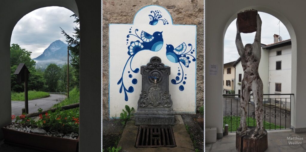 3er-Collage Ampezzo Durchguckbogen an Kapelle, Brunnen mit blauem Vogeldekor, Holzskulptur mit Behälter über Kopf gestreckt