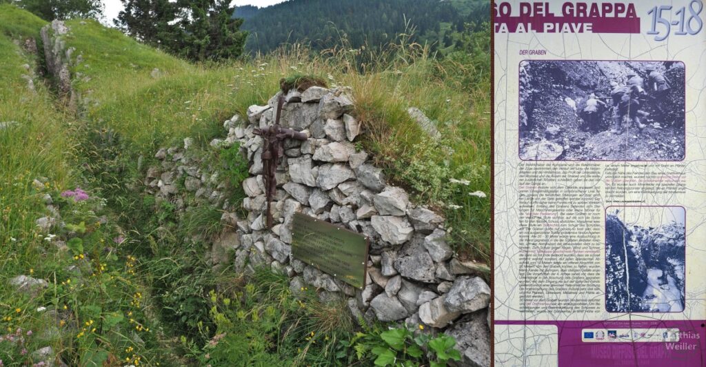 Doppelbild mit Schützengraben und Infotafel dazu