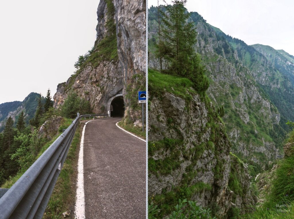 Doppebild mit tiefem Felsabfall und Straße mit Felstunnel