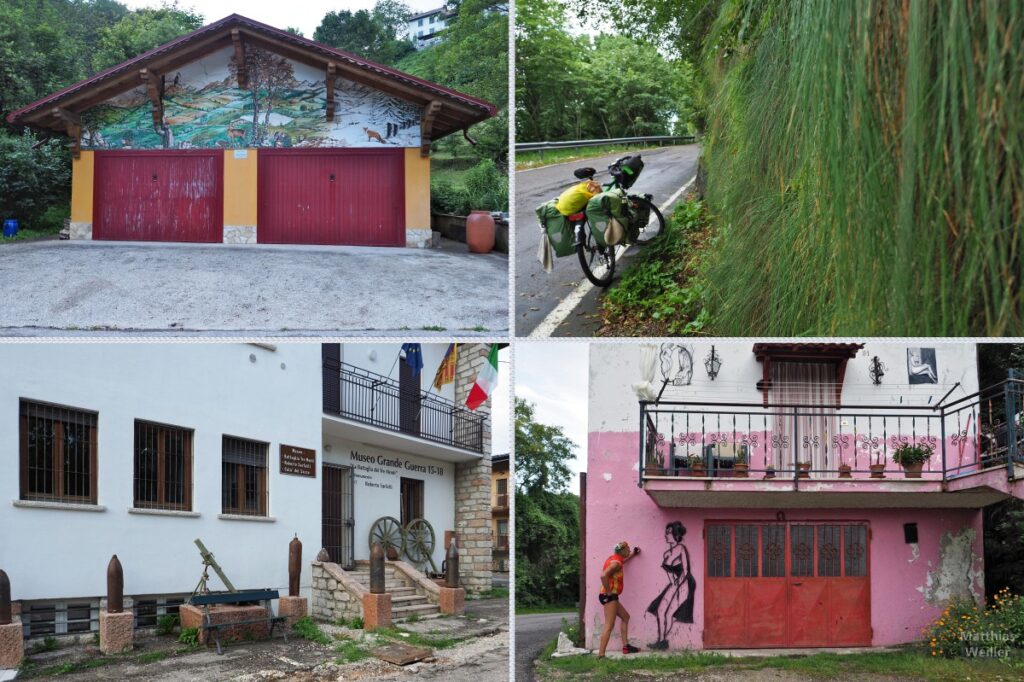 4er-Collage mit bemaltem Giebehaus/Garage, Velo neben Tränengras, Museo Grande Guerra 15-18 in Sasso, Haus mit rosa Wand, Dirnendarstellung, Selbstporträt an Dame