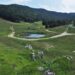 Karstige Almlandschaft mit Weide, Wald und runder Viehtränke