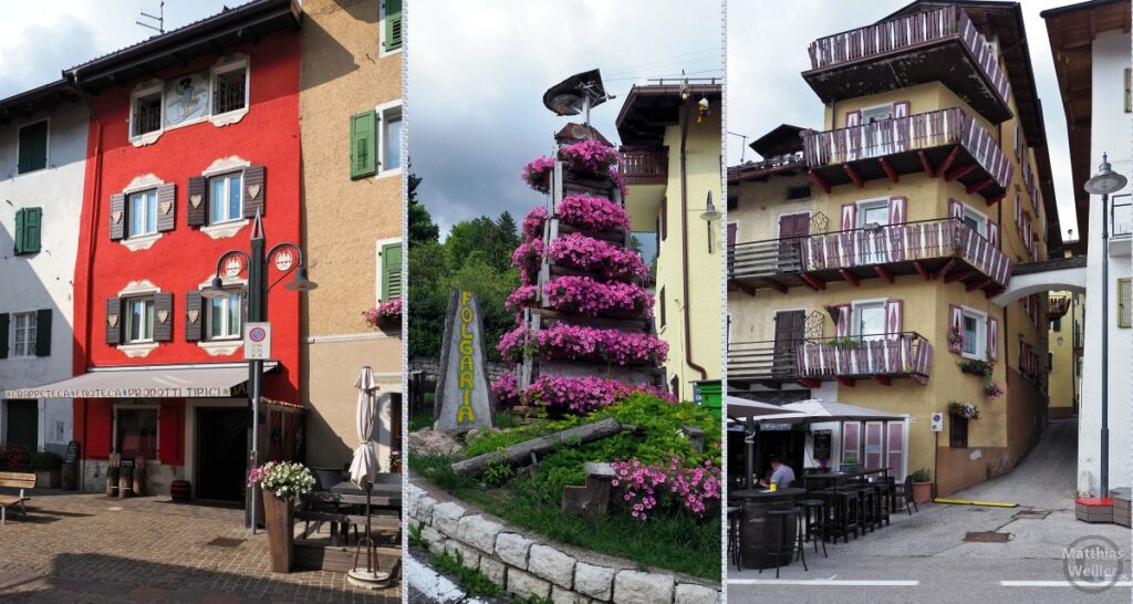 3er-Collage mit Stadthäusern, Blumenpyramide aus Folgaria