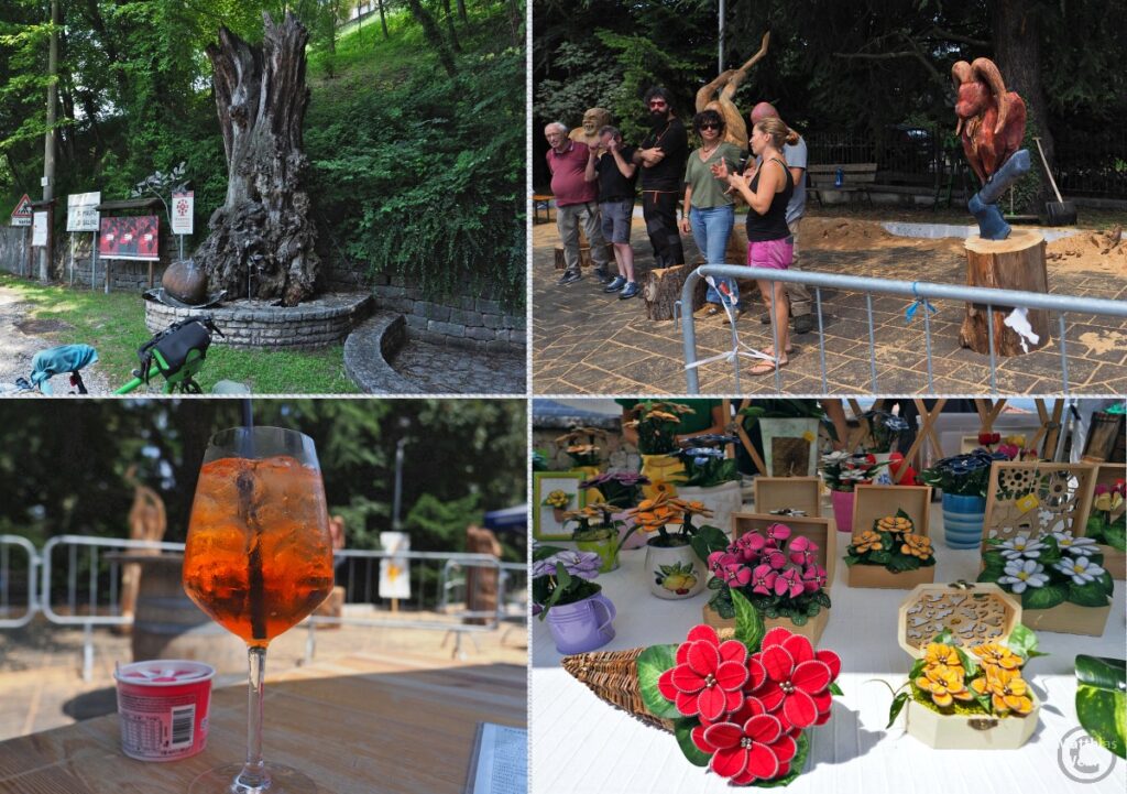 4er-Collage San Mauro in Saline: Maronenbaum/Skulptur, Schnitzkünstlerin beim Vortrag, Aperol Spritz, küsntliche Blumendrahtgeflechte