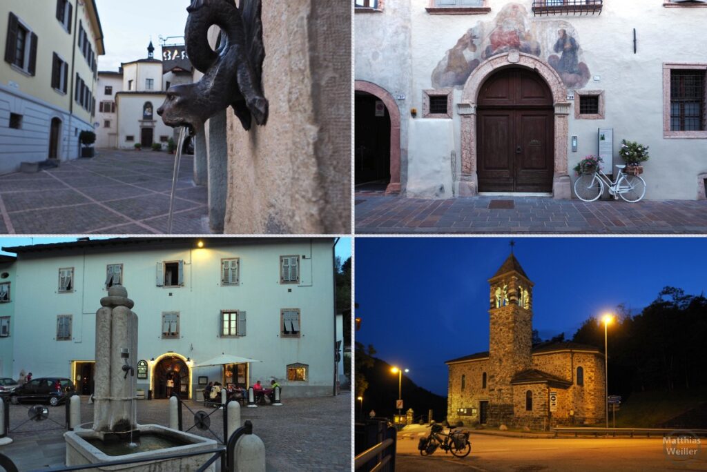 4er-Collage mit Altstadtmotiven aus Pergine und Chiesa di San Antonio in Masetti zur Blauen Stunde