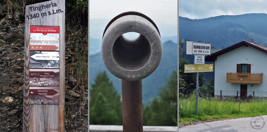 3er-Collage mit Schild "Thingerla", Guckrohr, Schild "Kamauvrunt"