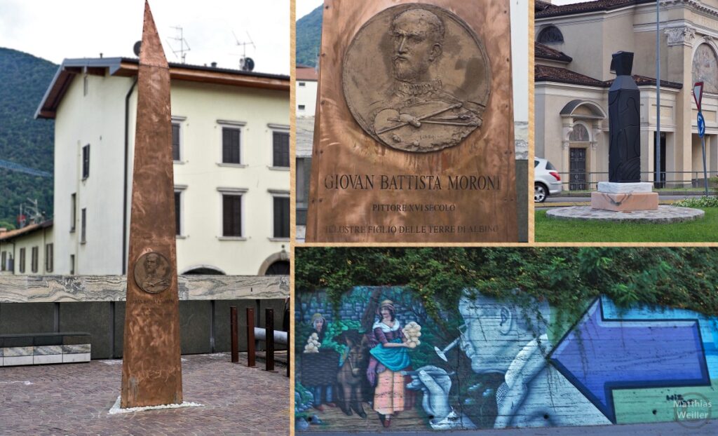 4er-Collage mit Memorial-Stele von Giovan Battista Moroni, Nahaufnahme Porträt, moderne Stele zu Ehren Moroni, Graffiti-Malerei an Straßenmauer (Albino)