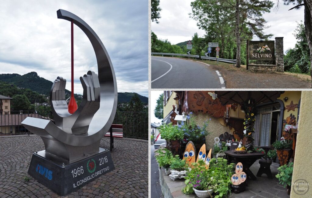 3er-Collage Skulptur Hände mit rotem Kern, Anfahrt mit Empfangstafel Selvino, lustige Gesichter auf Holz mit blauen Augen