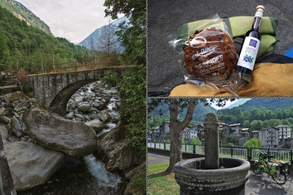 3er-Collage mit Steinbrücke übre Bergbach, Bresciola mit Grappa-Heidelbeer-Likör, Brunnen in Cataeggio, mit Velo