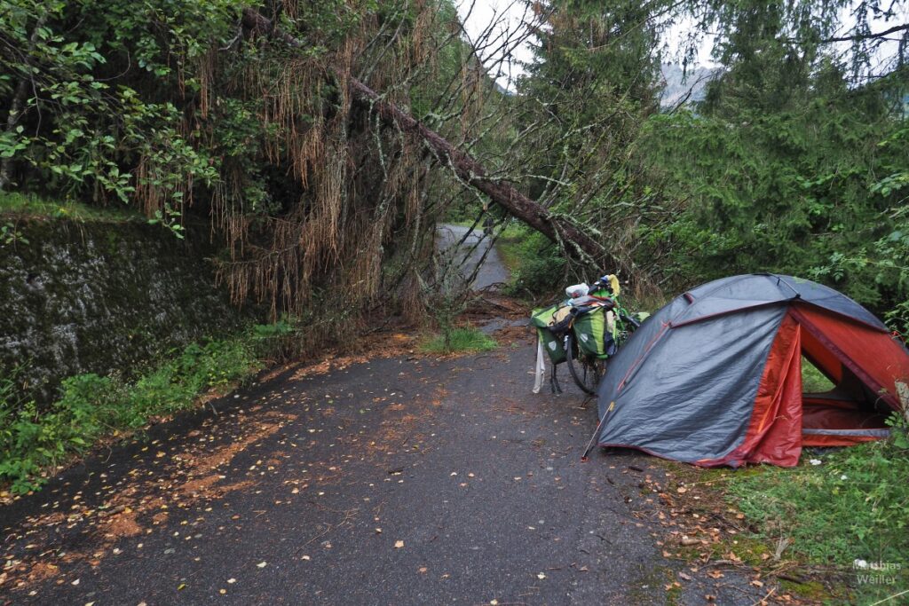 Zelt und Velo vor gefallenem Baum auf Straße