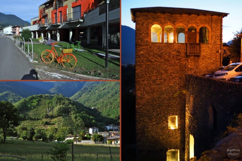 3er-Collage mit Dekoräder, Häusern in roange/grün, Weinberg, Torre della Sassella mit Licht am Abend