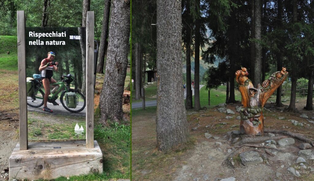 Doppelbild im Parco delle Sozzine mit Spiegelbild-Porträt auf Velo und Eihhörnchenskulptur