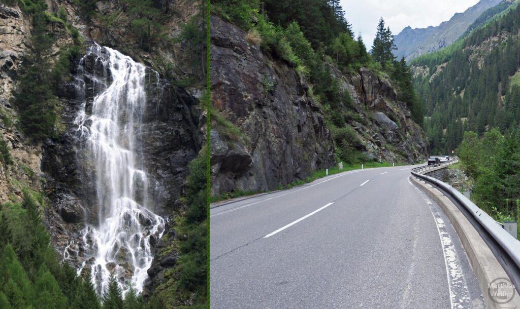 Doppelbild im Ötztal mit Wasserfall, Straße