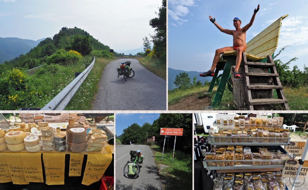 5er-Collage Kurve mit Berghügel/Ruine, Selbstporträt in Badehose auf Riesenbank, Passschild Lagastrello mit Reisevelo, Käse- und Kekse-/Pasta-Stand an Straße