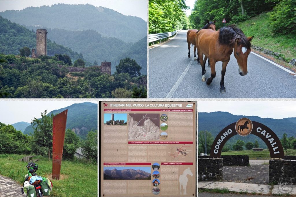 5er-Collage Comano mit Burg, Pferde auf Straße (Lagastrello), Infotafel, Stele zum Nationalpark Tosco-Emiliano mit Reisevelo, Torbogen Comano Cavalli