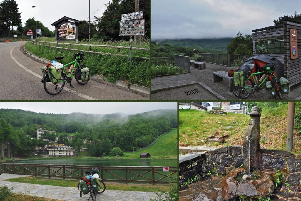 4er-Collage Cerreto Laghi, Pass, Zelt mit Reisevelo neben Nationalparkinfo, künstlischer See mit Hotels, Gebirgsjägerbrunnen