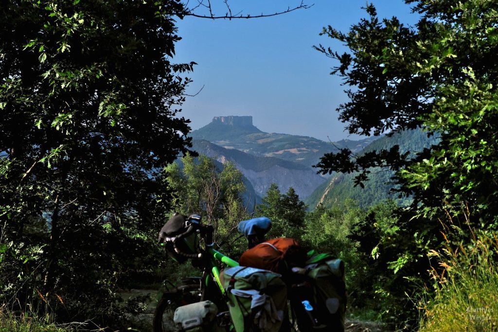 Blick durch Buschspalier auf Pietra di Bismantova, mit Reisevelo