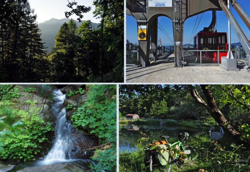 4er-Collage mit Bergblick, Wasserfall, Laghetto di San Giovanni Gualberto mit Reisevelo, Kabinenseilbahn in Doganaccia