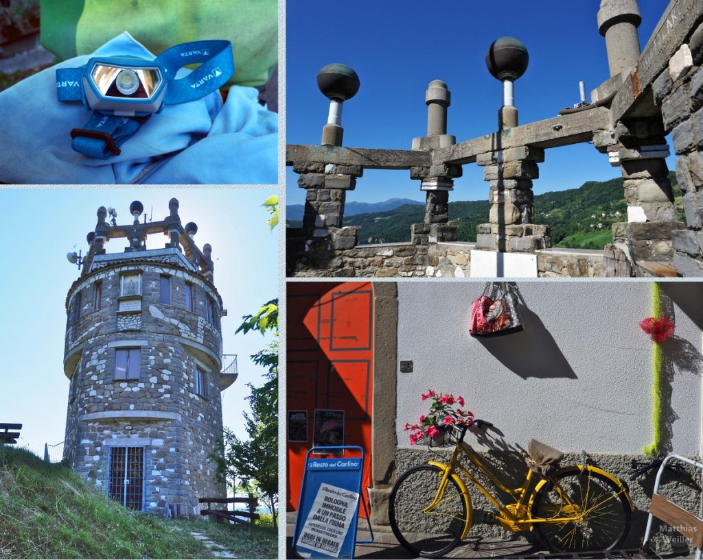 4er-Collage Pietracolora mit Stirnlampe, Aussichtsturm und Dekovelo vor Hauswand