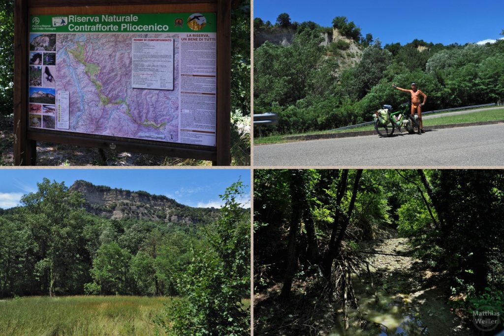 4er-Collage vom Naturpark Contrafforte Pliocenico mit Infotafel, Selbstproträt und Reisevelo vor Sandhügel, Sedminentschichtberg, Urwaldfluss