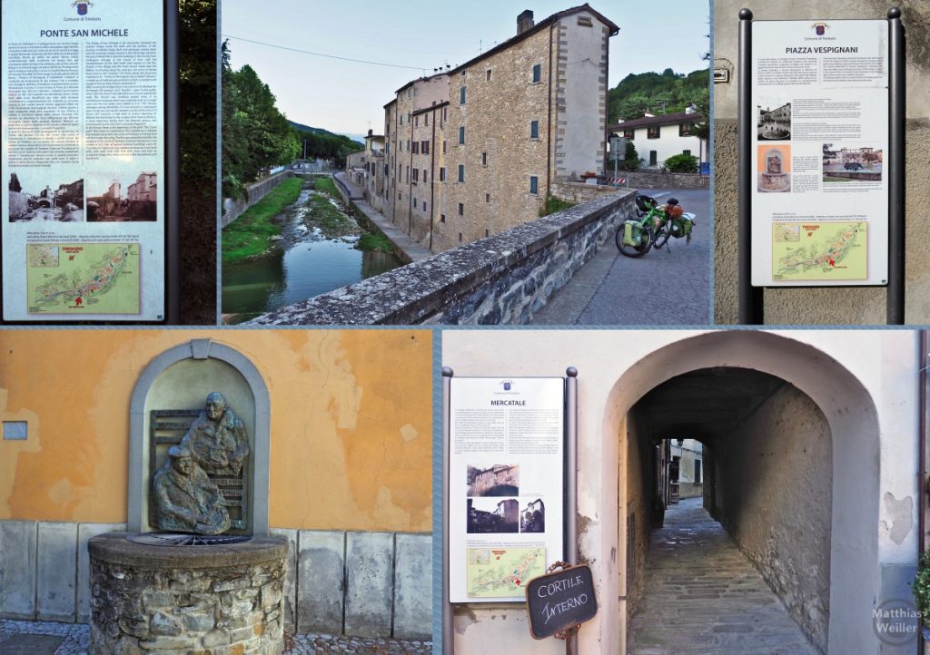 5er-Collage von Tredozio mit Infotafeln, Ponte San Michele/Fassadenufer, Brunnen, Unterhausgasse
