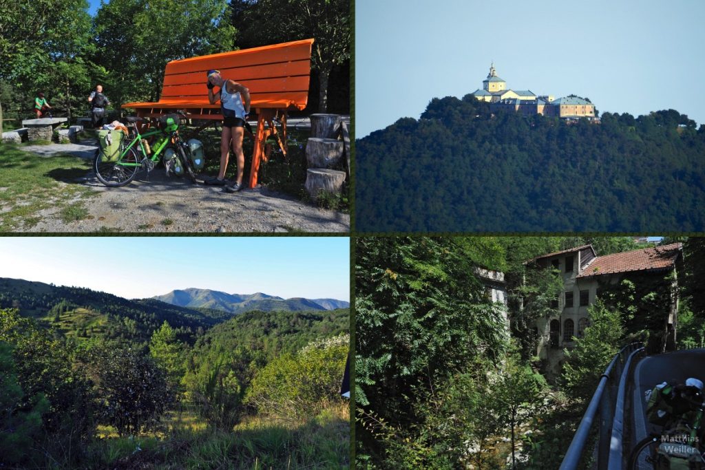4er-Collage Passo della Bocchetta, Santuario di Nostra Signora della Guardia, Bergkette Capanne di Maracarolo, alte Mühle mit Farbikgebäude